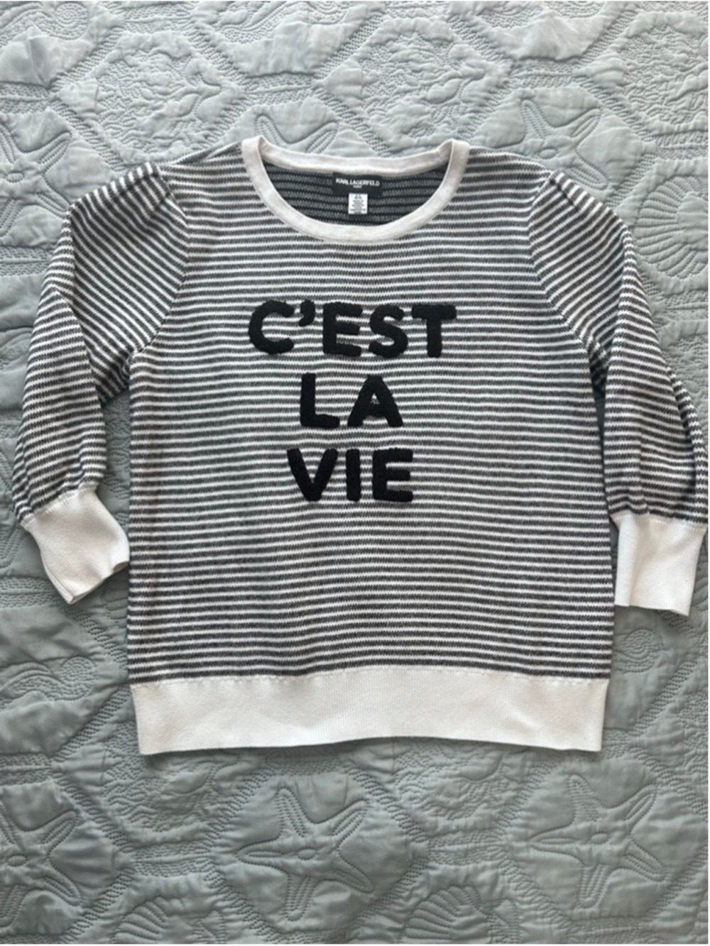 Karl Lagerfeld Paris C’est La Vie Striped Sweater Puff Sleeve L - Picture 3 of 9